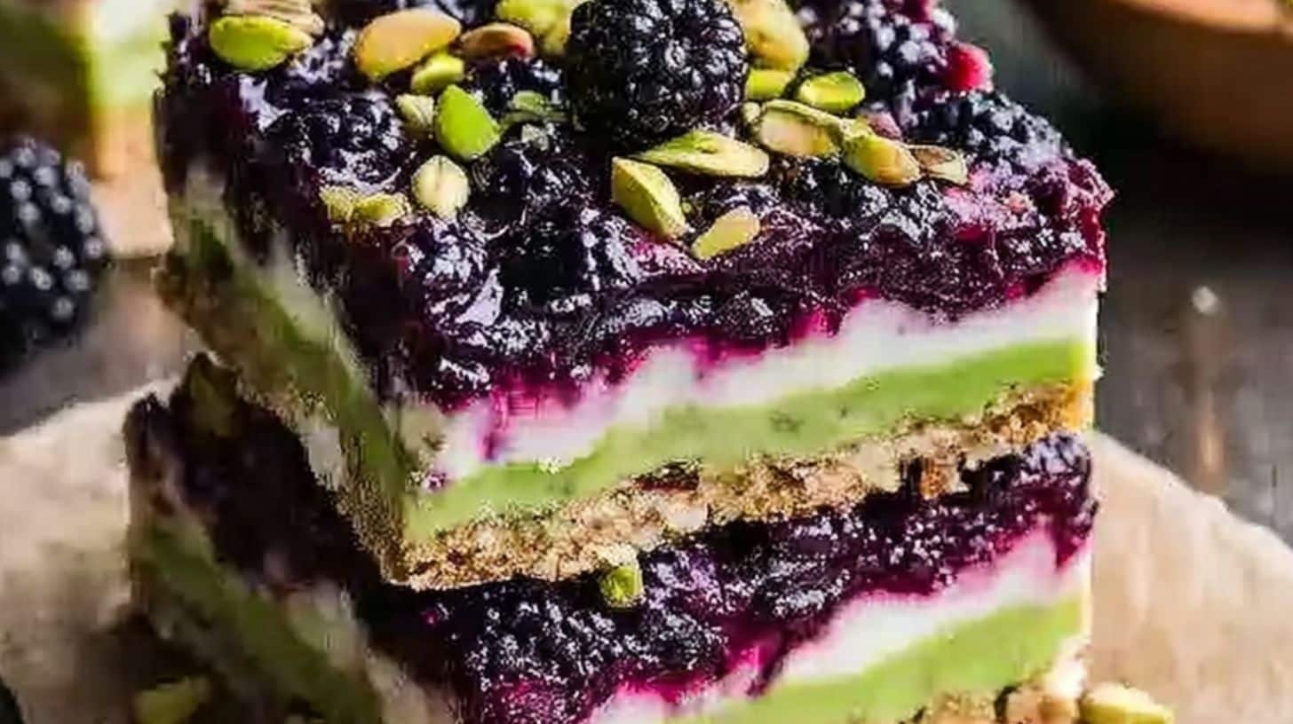 blackberry pistachio dream bars with visible layers of blackberry, cream cheese, pistachio, and biscuit crust