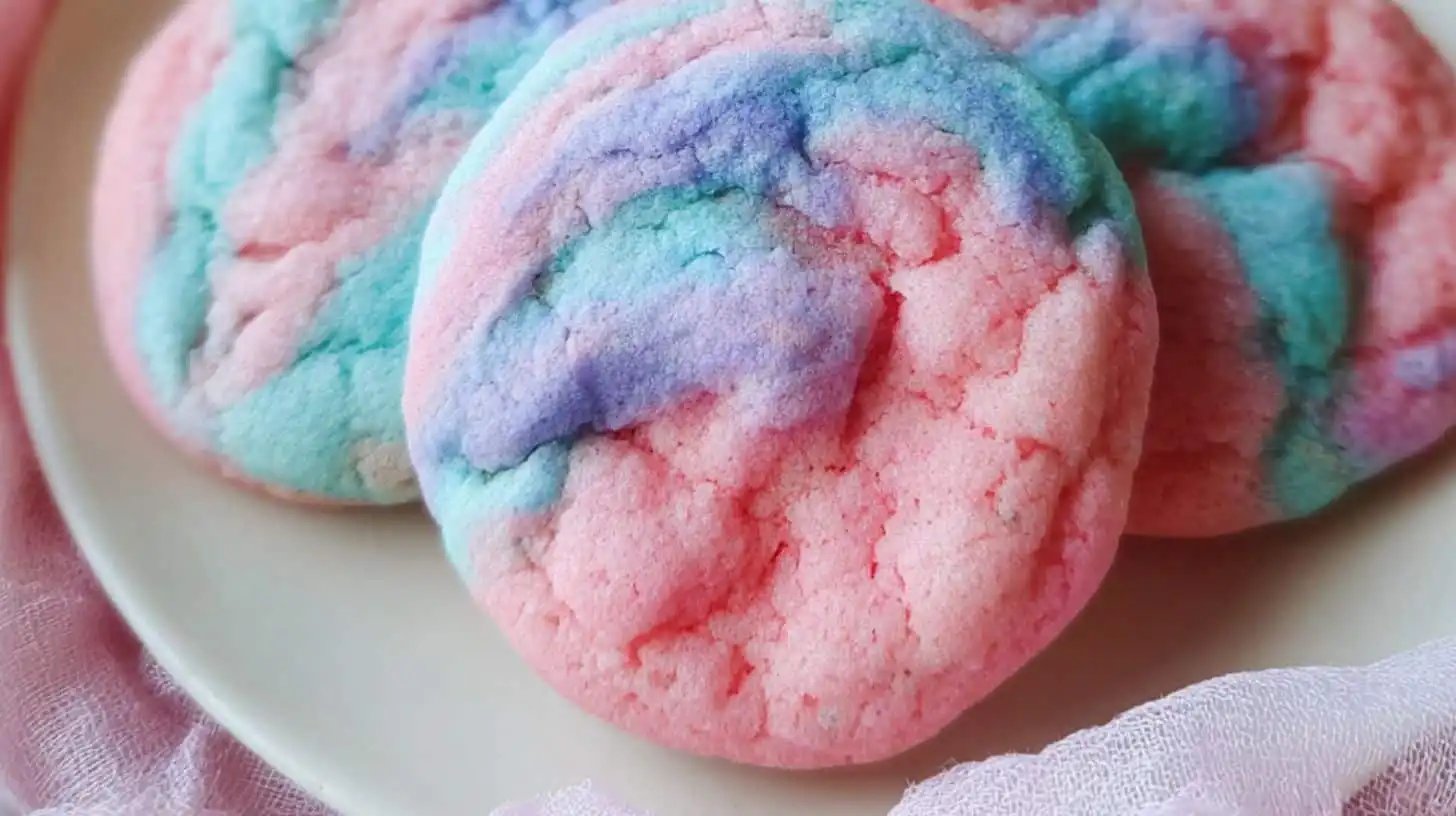 cotton candy cookies with pink, purple, and blue colors on a plate