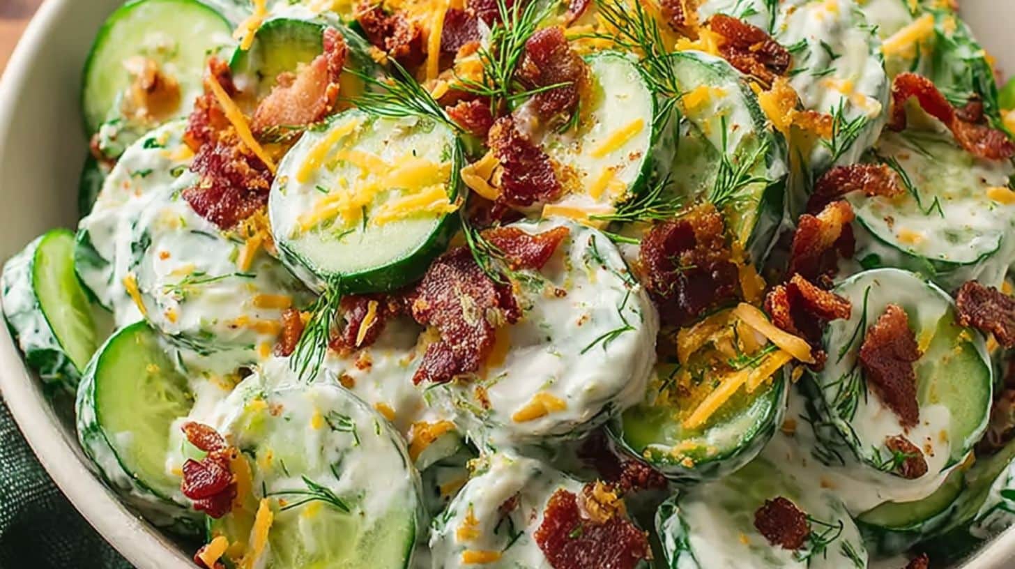Cucumber ranch crack salad with bacon, cheddar, and fresh dill in a creamy dressing