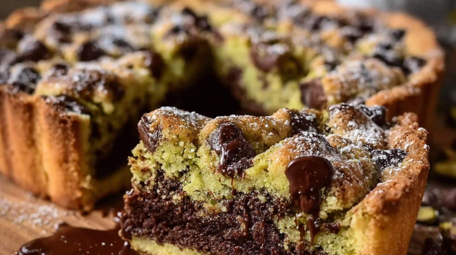 Whole Dubai style cookie pie with chocolate chips and pistachio layers, slice removed