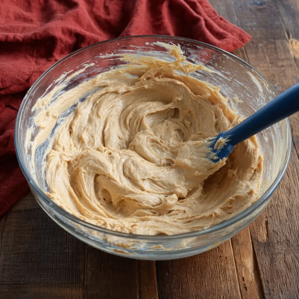 Peanut butter pie filling being mixed in a glass bowl with spatula