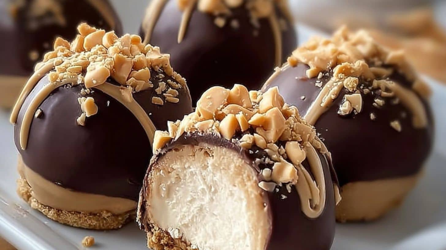 Close-up of No-Bake Peanut Butter Cheesecake Balls with Chocolate and Peanut Topping