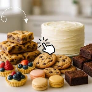Assorted desserts including cookies, brownies, cake, fruit tarts, and macarons arranged on a white surface.
