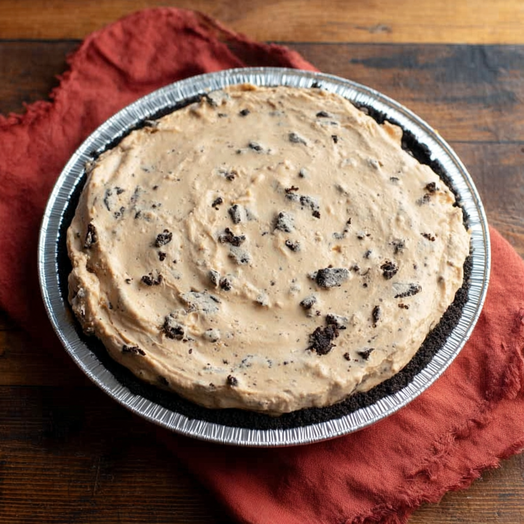 Whole rock bottom pie with Oreo filling in a foil pan on red cloth