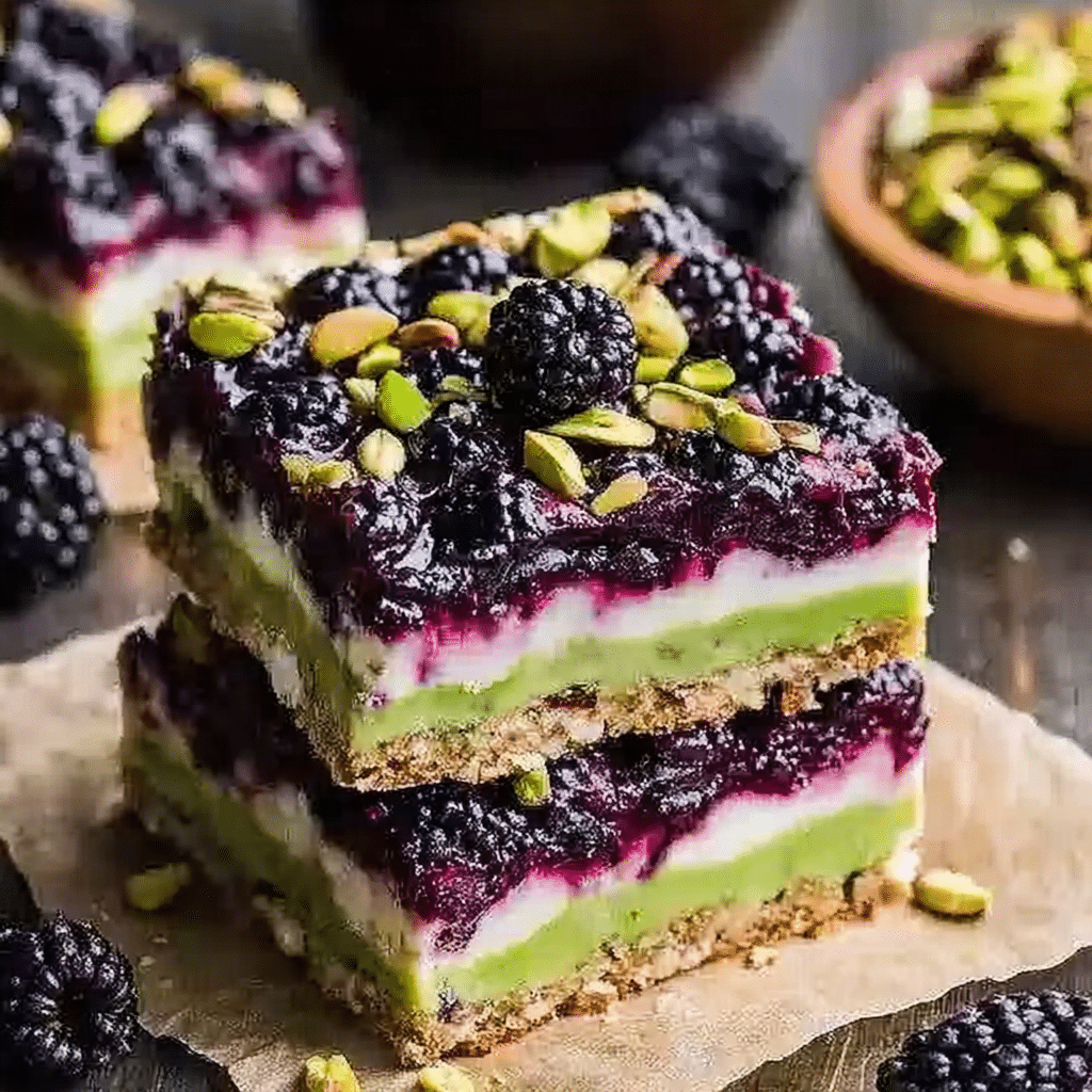 stacked blackberry pistachio dream bars showing biscuit, pistachio, cream cheese, and blackberry layers