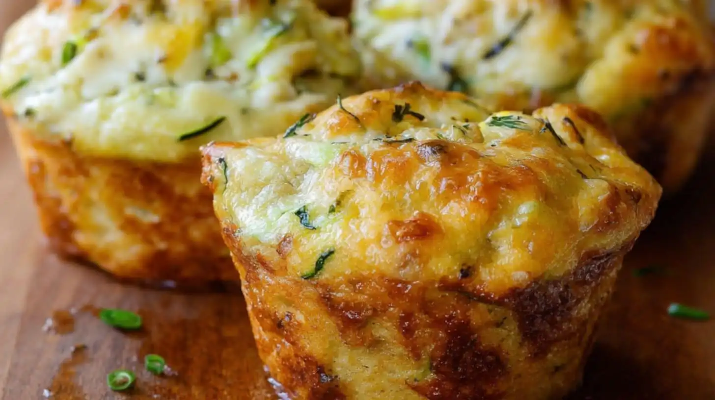 Golden chicken cheese and zucchini muffin close-up on wooden surface