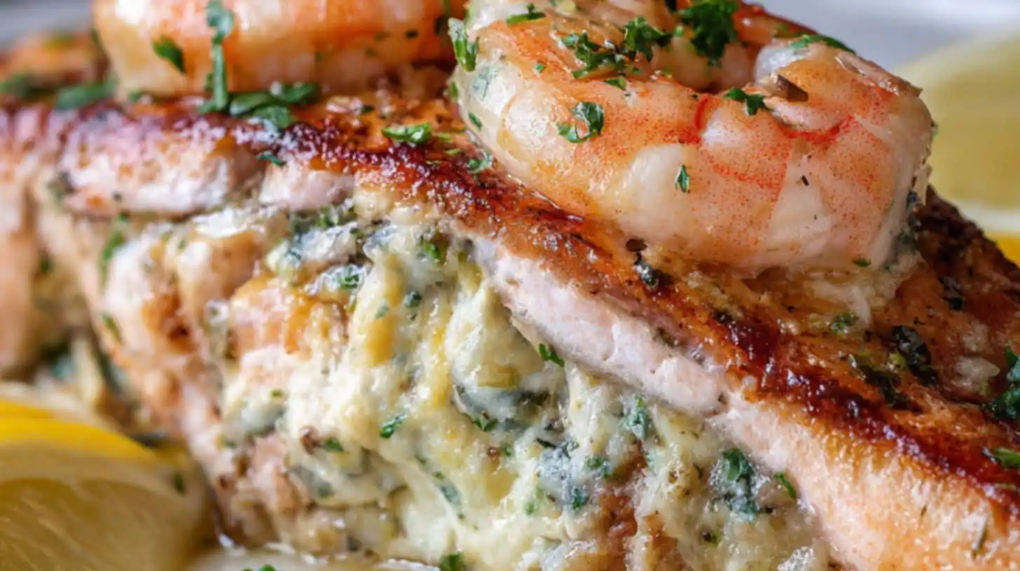 Close-up of baked salmon stuffed with creamy crab and herbs, topped with shrimp