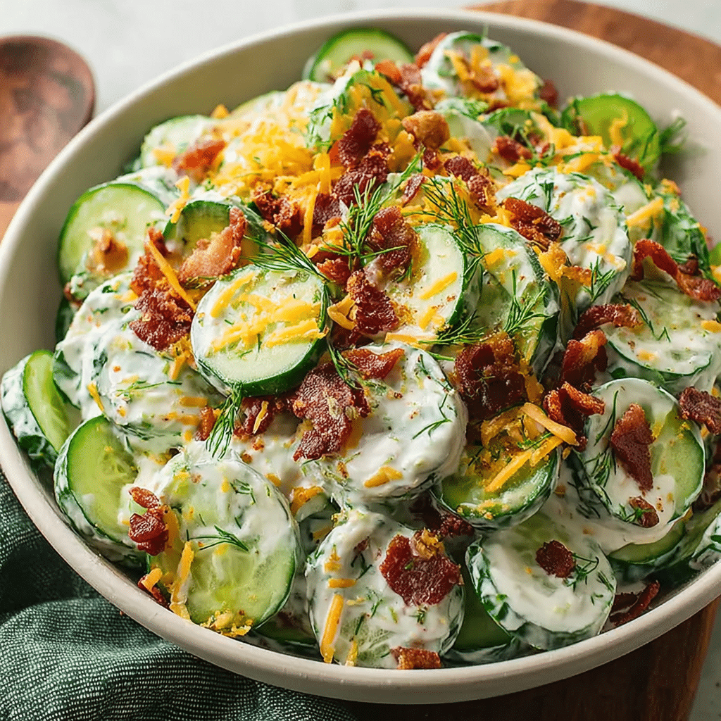 Bowl of cucumber ranch crack salad topped with cheddar, crispy bacon, and dill