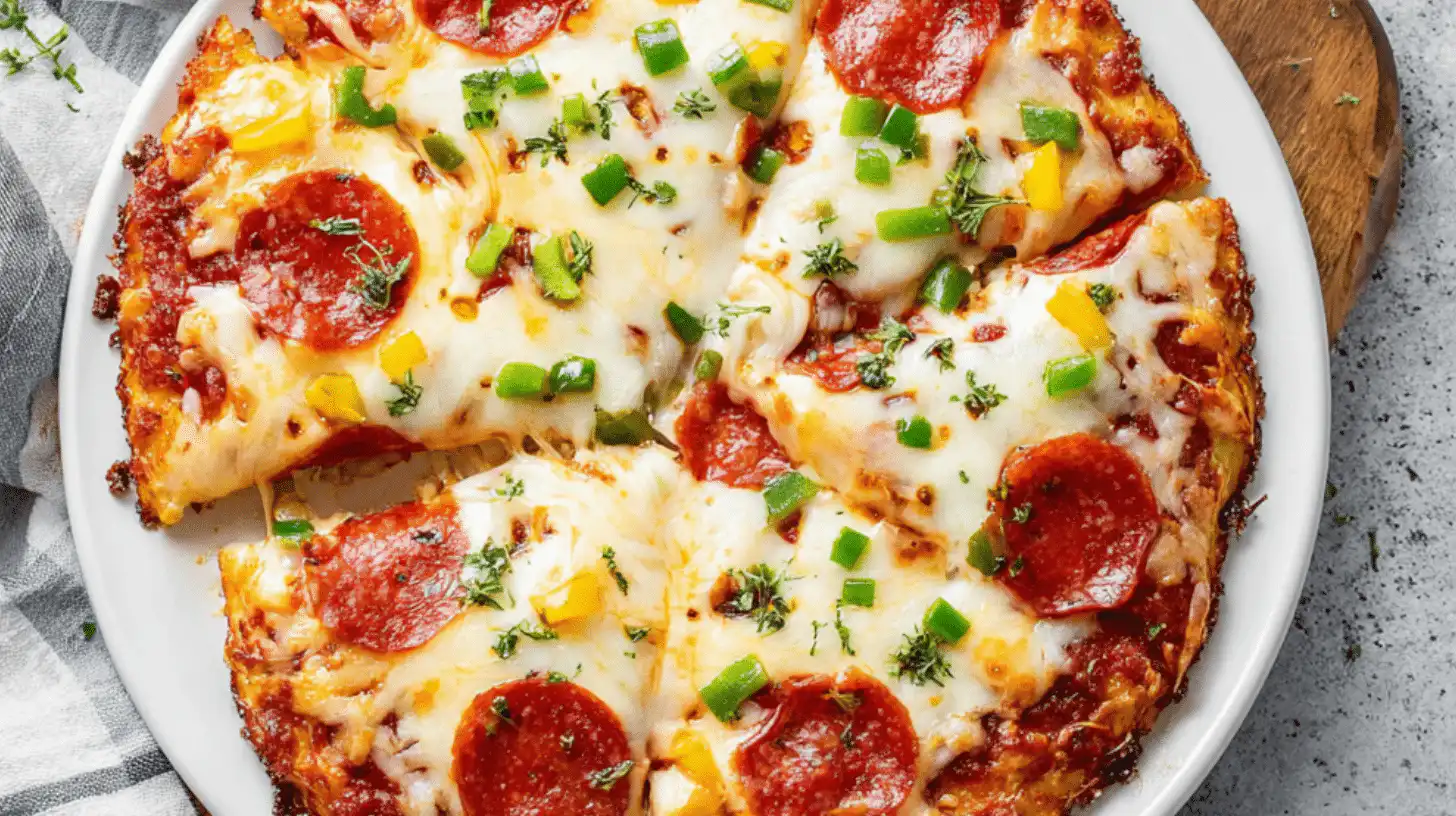 Chicken protein pizza crust topped with pepperoni, green peppers, and melted cheese