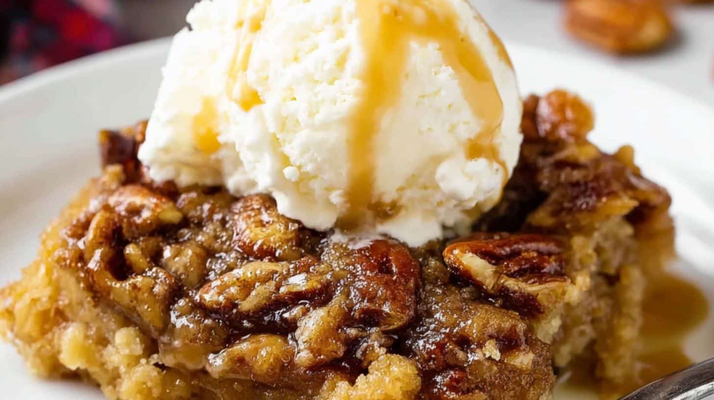 close-up of pecan dump cake recipe topped with vanilla ice cream and syrup