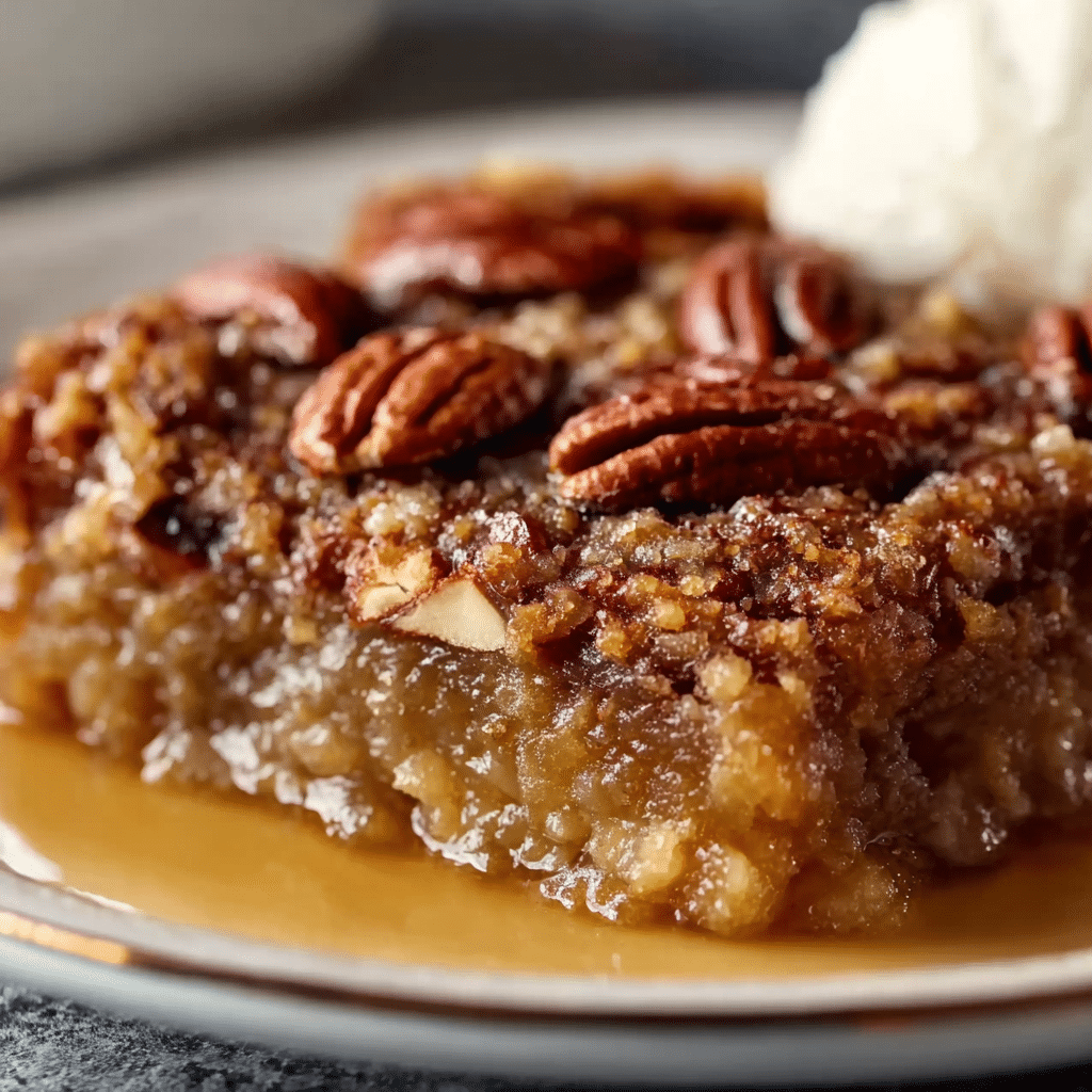 slice of pecan dump cake recipe with whole pecans and caramel filling