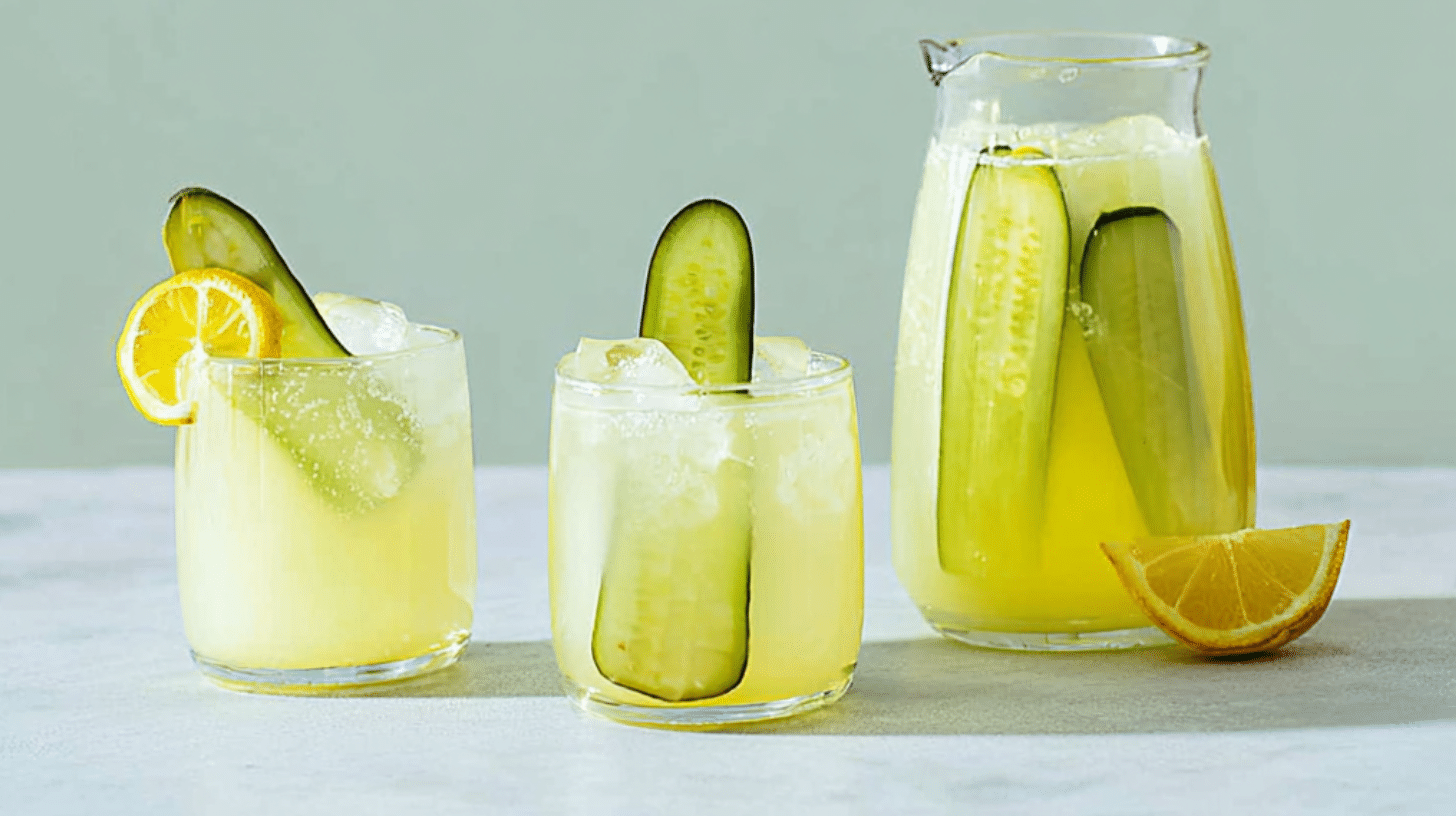 pickle lemonade served in glasses with cucumber and lemon