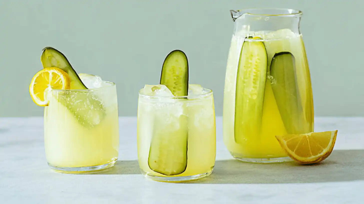 pickle lemonade served in glasses with cucumber and lemon