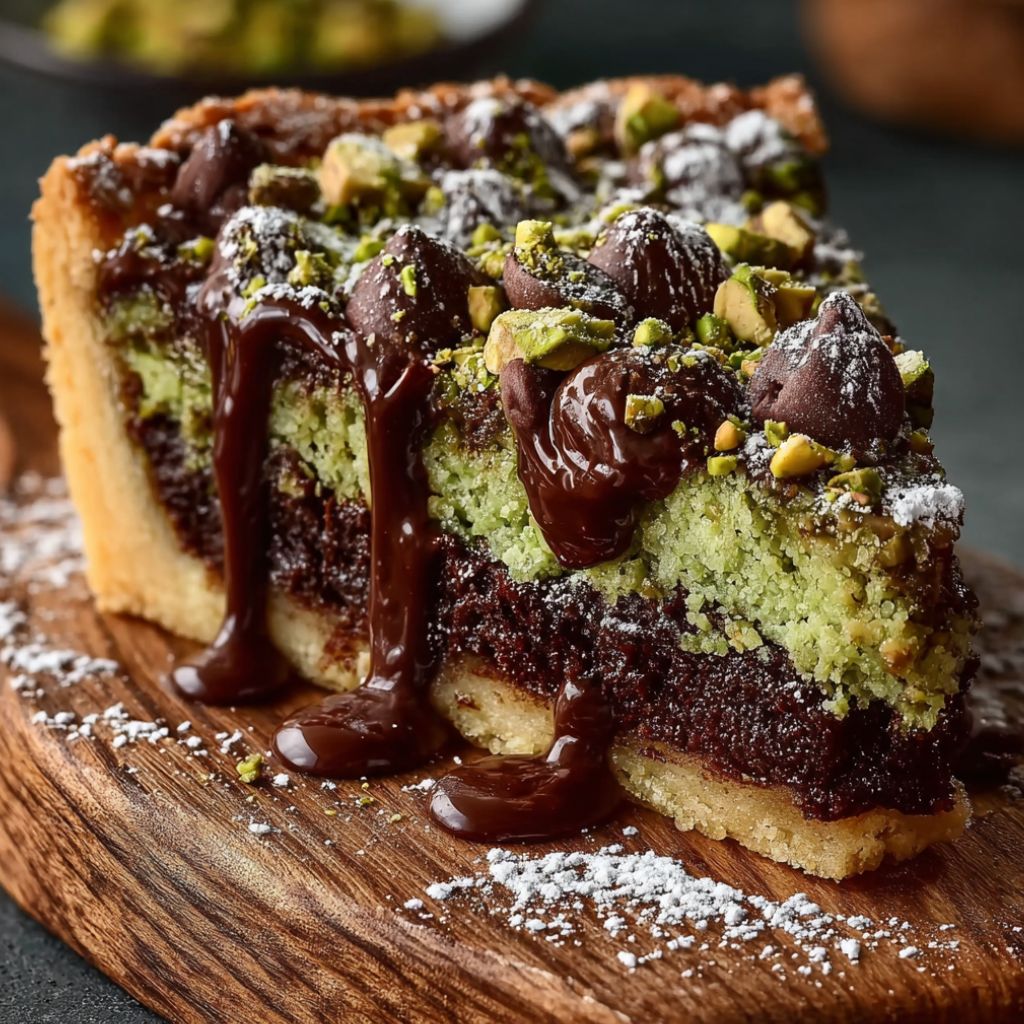 Slice of chocolate cookie pie topped with melted chocolate and crushed pistachios