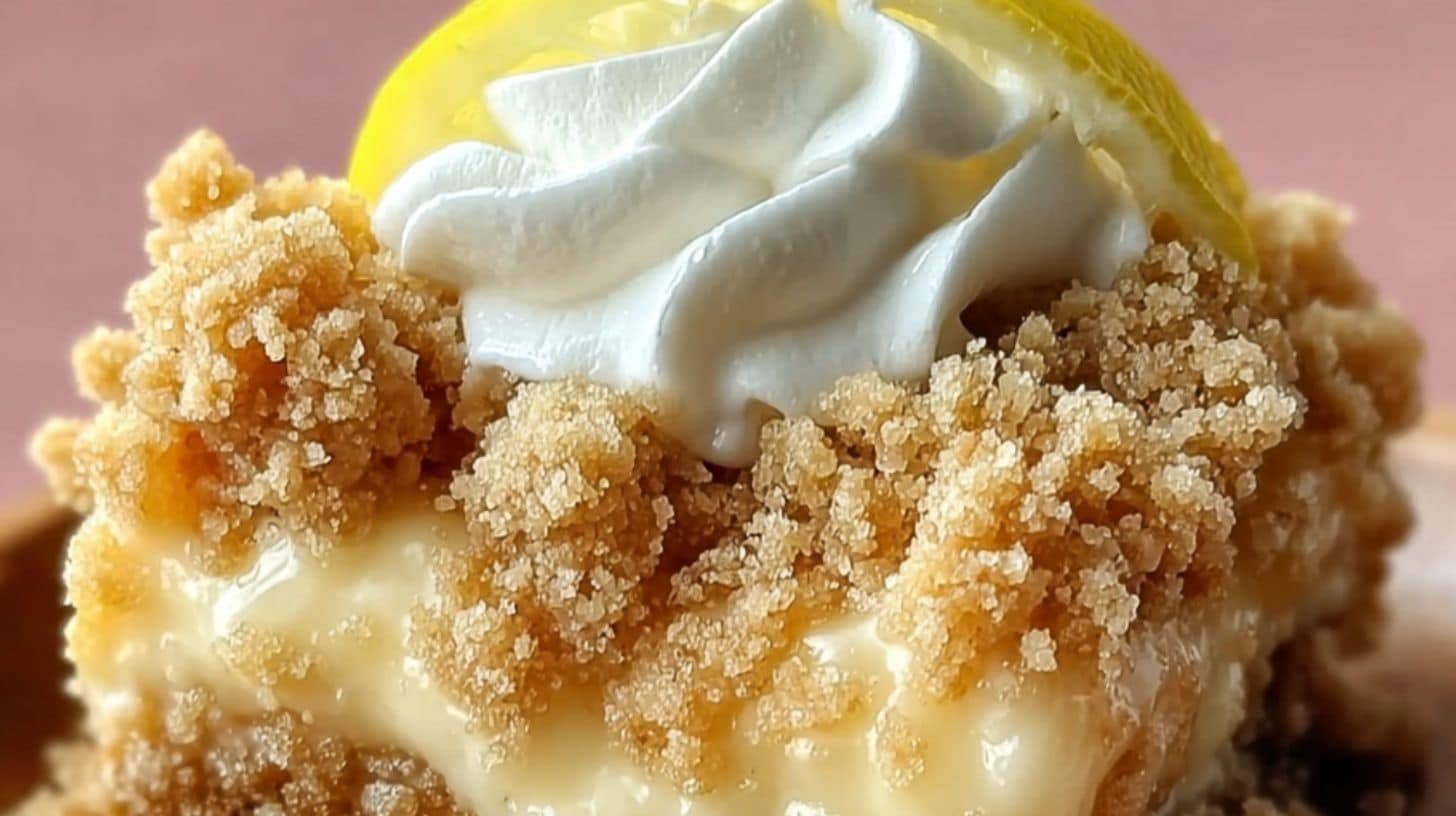 Close-up of a sugar cookie lemonade crumble topped with whipped cream and a lemon slice.