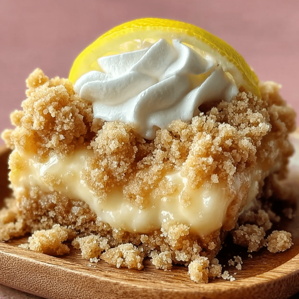 Sugar cookie lemonade crumble bar topped with whipped cream and a lemon slice, served on a wooden plate.