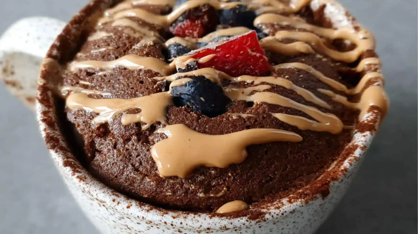 Close-up of chocolate protein powder mug cake with peanut butter drizzle and berries