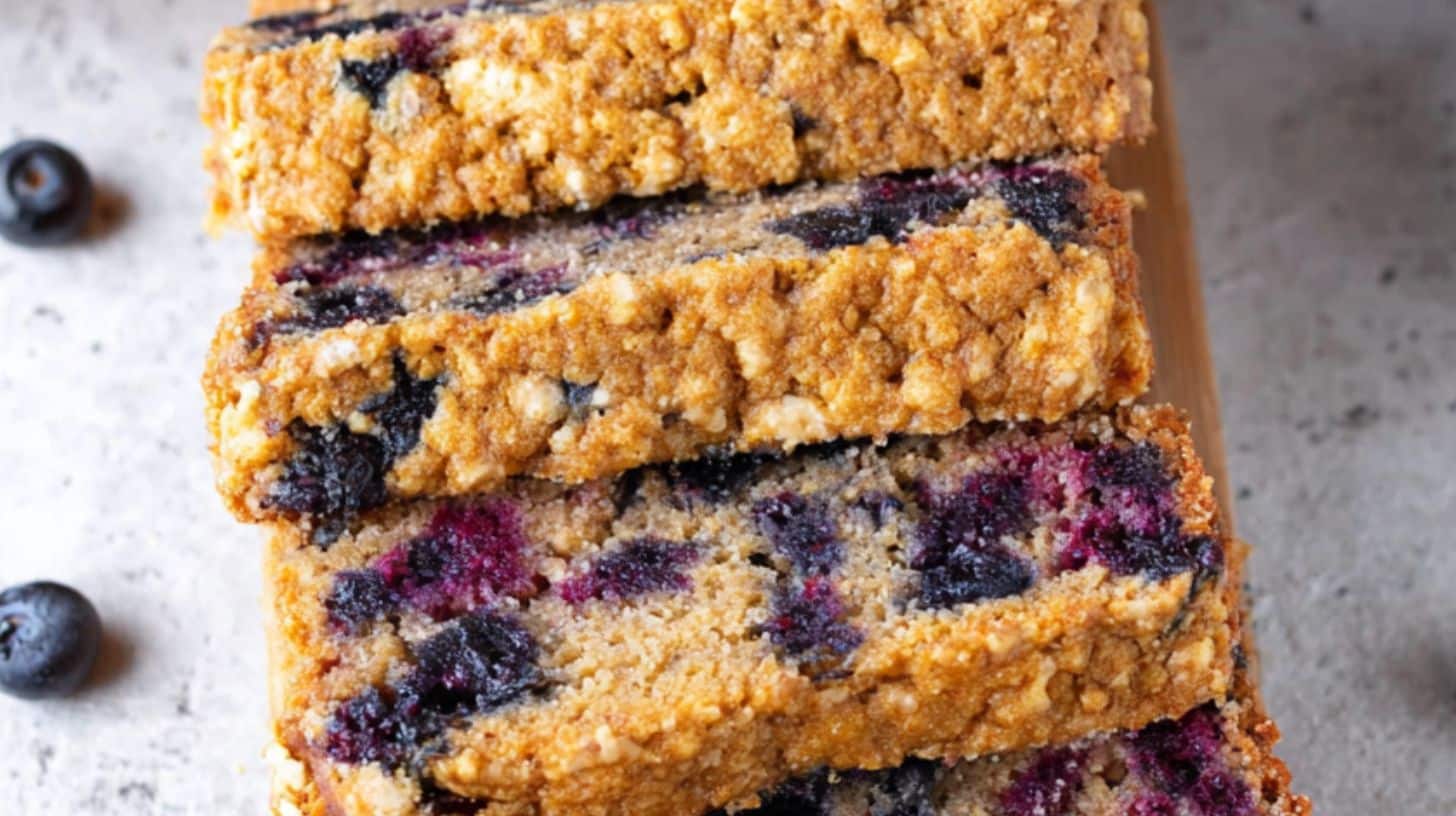 Blueberry oatmeal cottage cheese bread sliced with juicy blueberries and golden oat texture