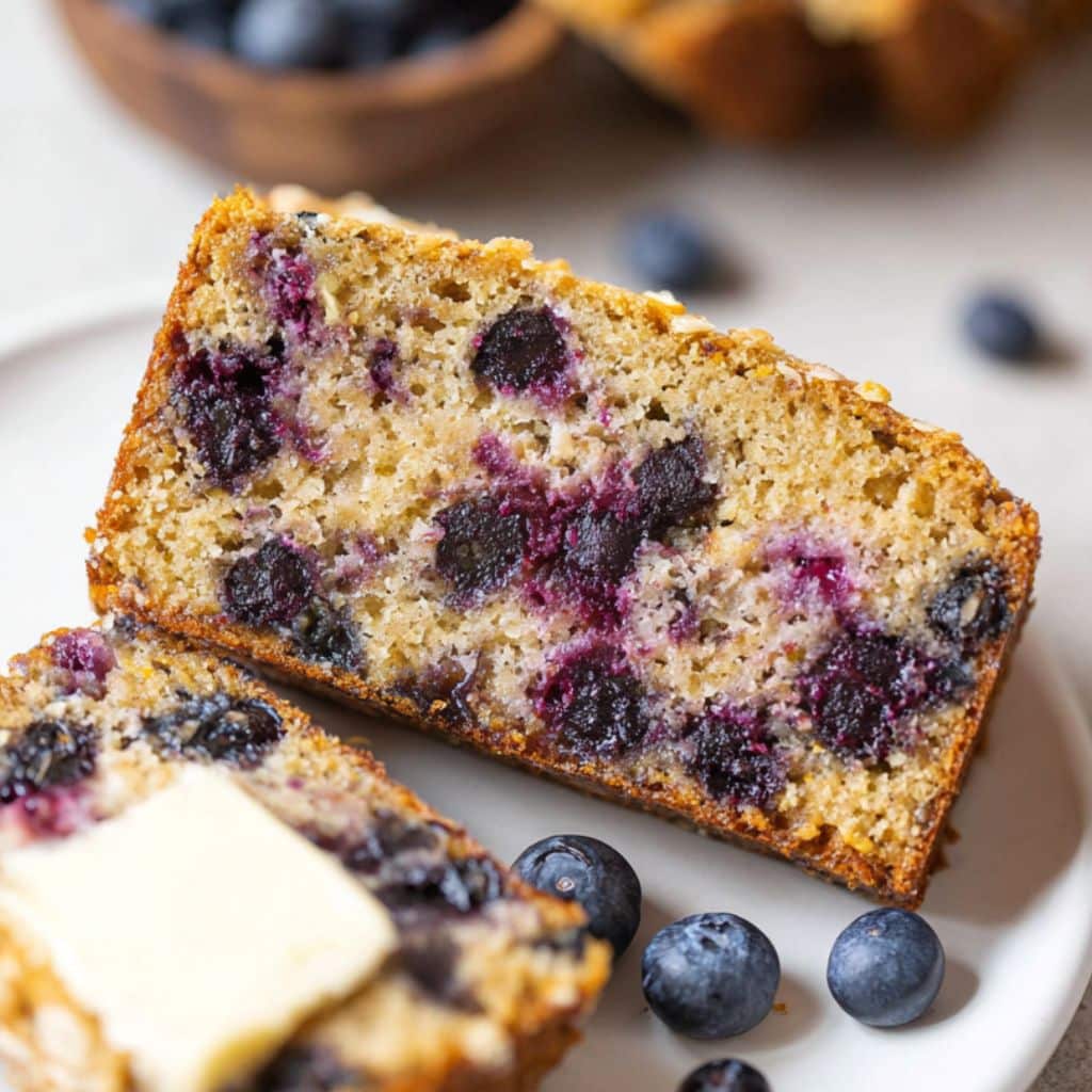 Close-up of sliced blueberry oatmeal cottage cheese bread with visible berries and moist texture
