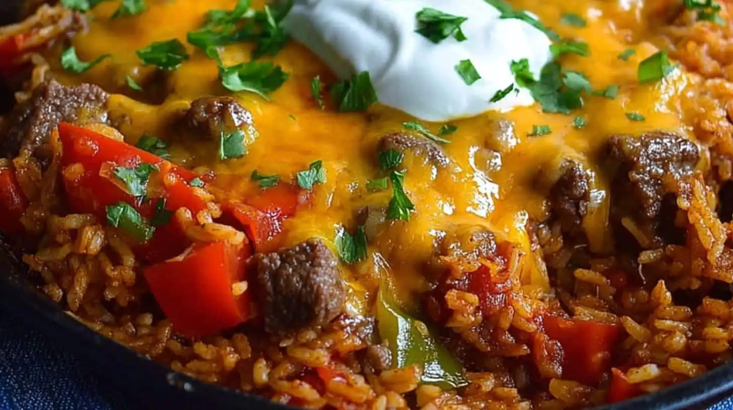 closeup of cheesy beef fajita dirty rice casserole with peppers and melted cheese
