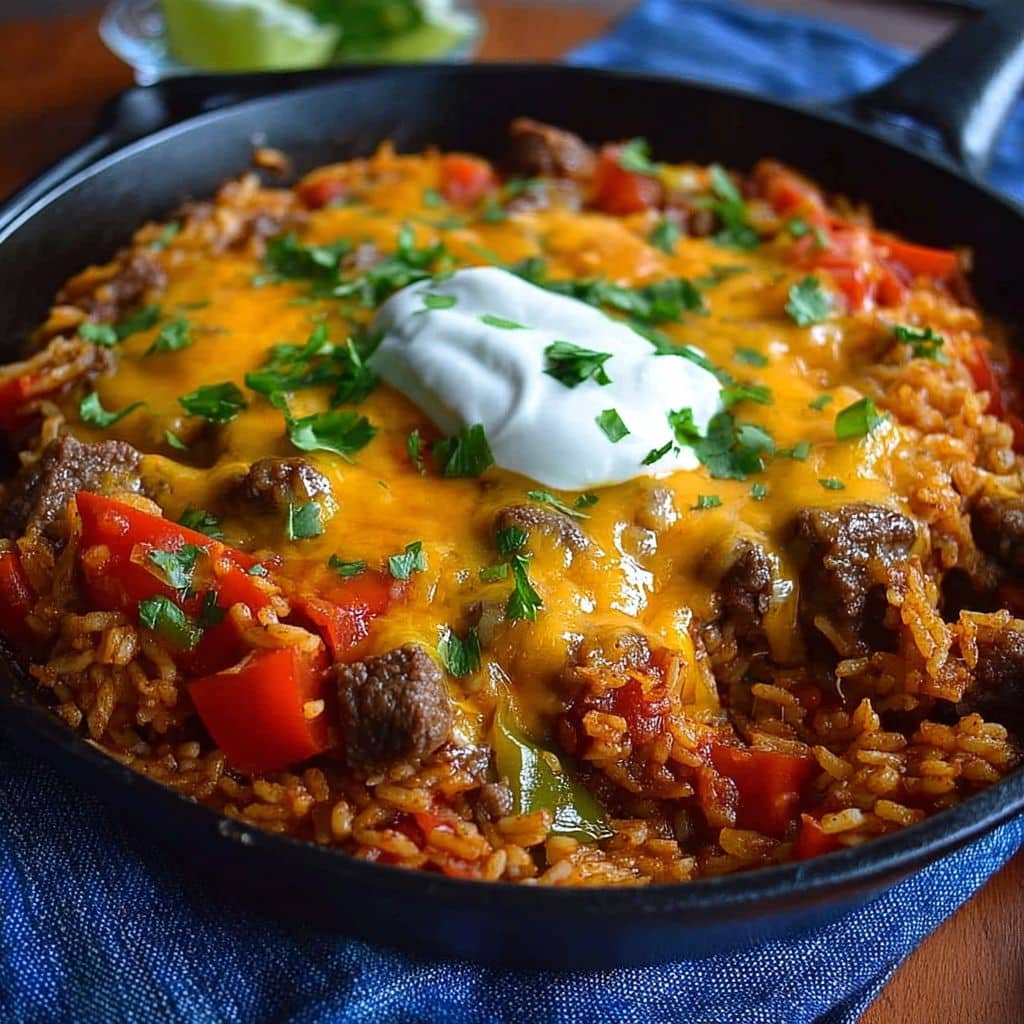 cheesy beef fajita dirty rice casserole with melted cheddar and sour cream