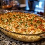 Chicken Rice-a-Roni Casserole in a glass baking dish with golden cracker topping
