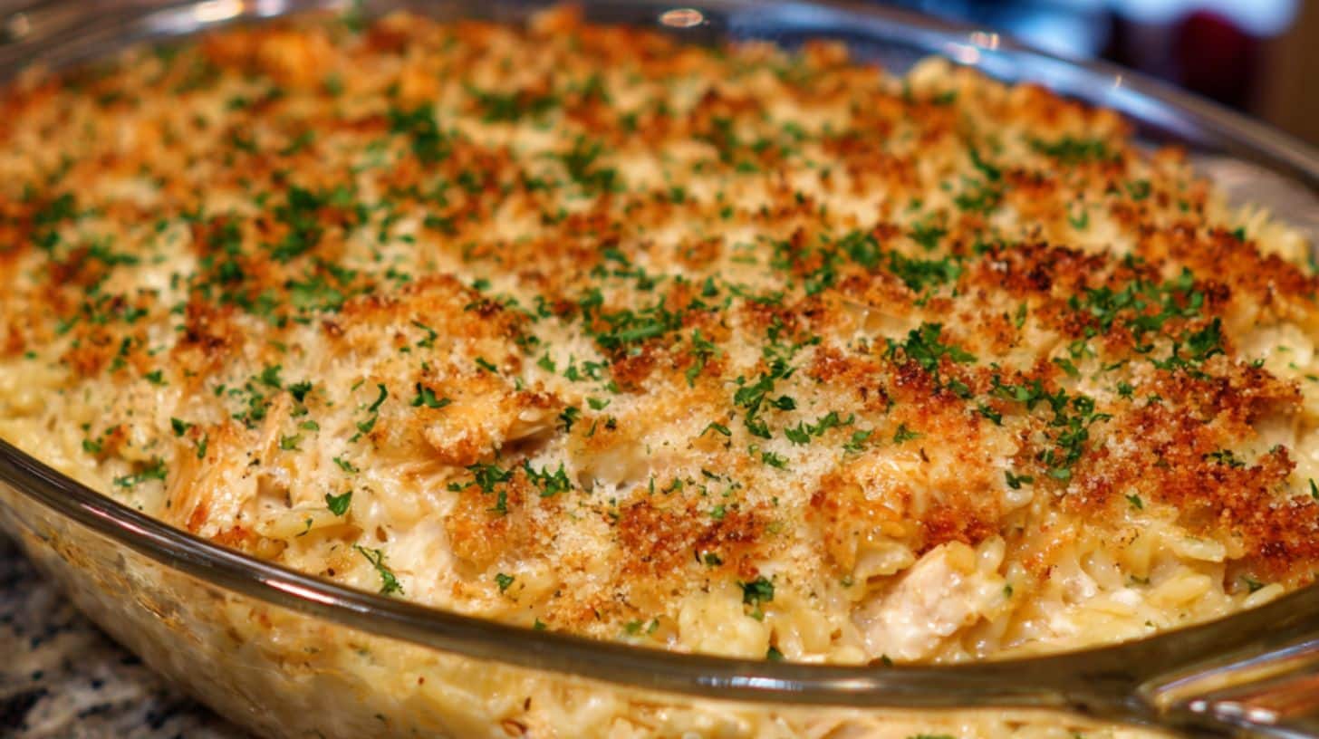 Close-up of Chicken Rice-a-Roni Casserole in a glass dish with golden crispy topping
