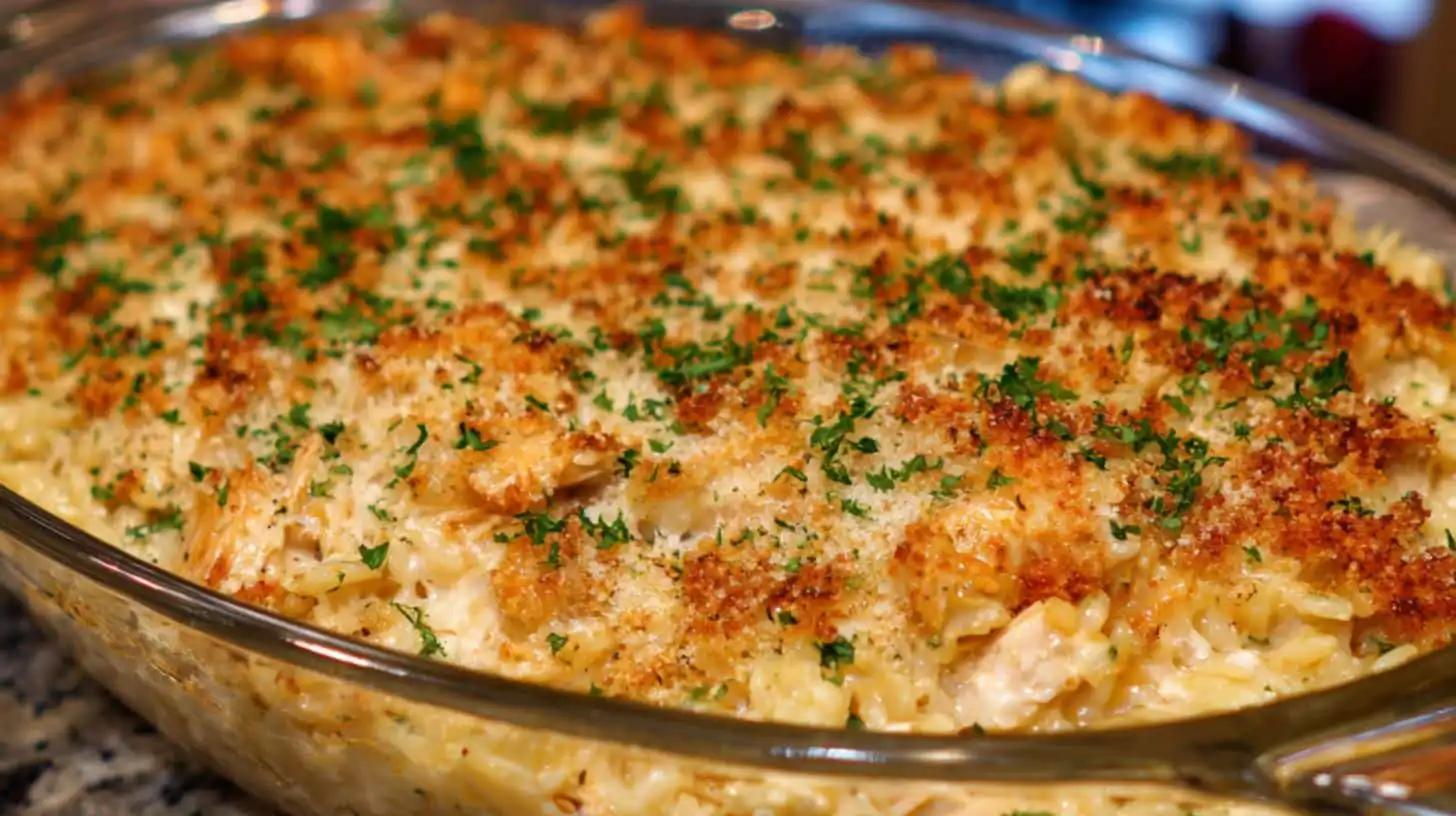 Close-up of Chicken Rice-a-Roni Casserole in a glass dish with golden crispy topping