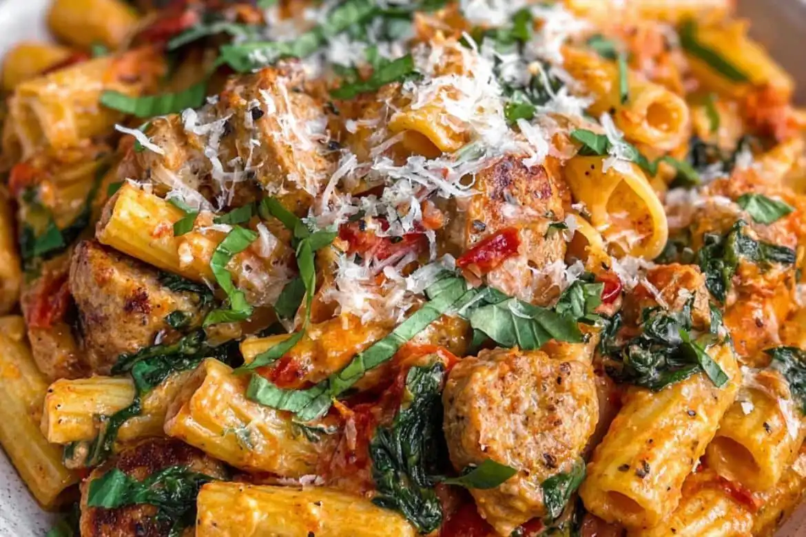 Creamy chicken sausage pasta with rigatoni, spinach, marinara, and fresh basil