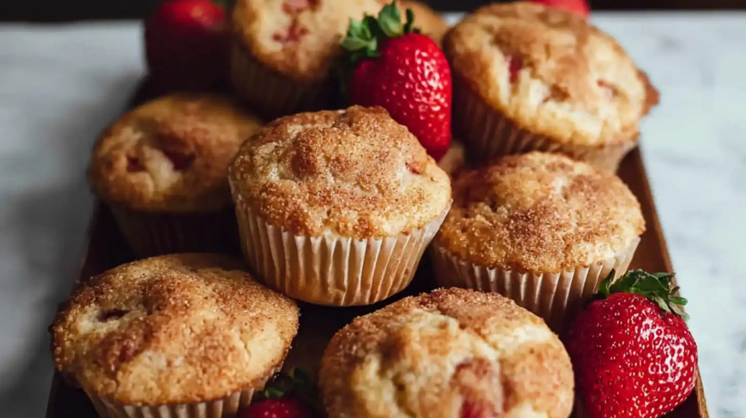 Freshly baked cottage cheese strawberry muffins on tray with strawberries