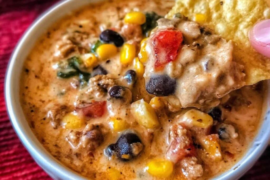 Close-up of high protein creamy taco soup with black beans, corn, and creamy broth