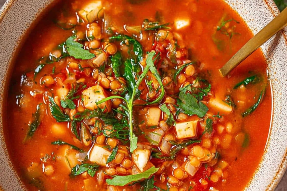 High protein soup with lentils, spinach, and tomato broth in a ceramic bowl