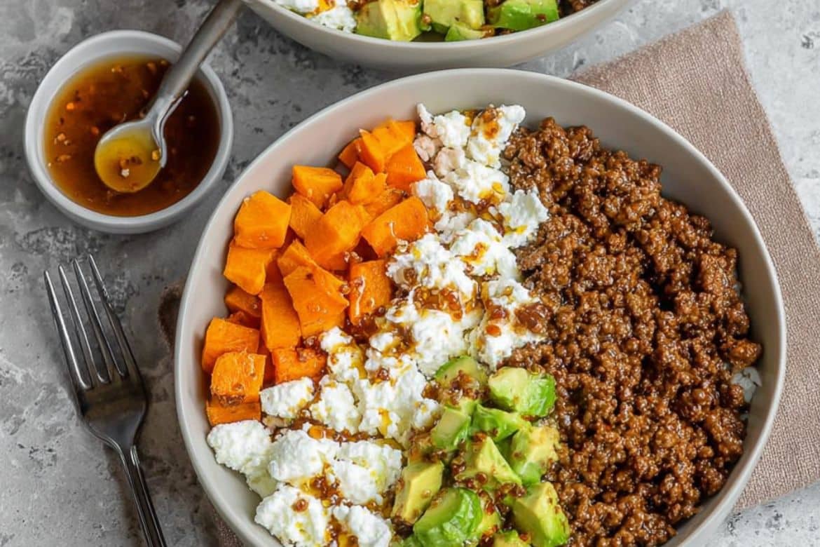 hot honey ground beef bowl with sweet potatoes, cottage cheese, and avocado