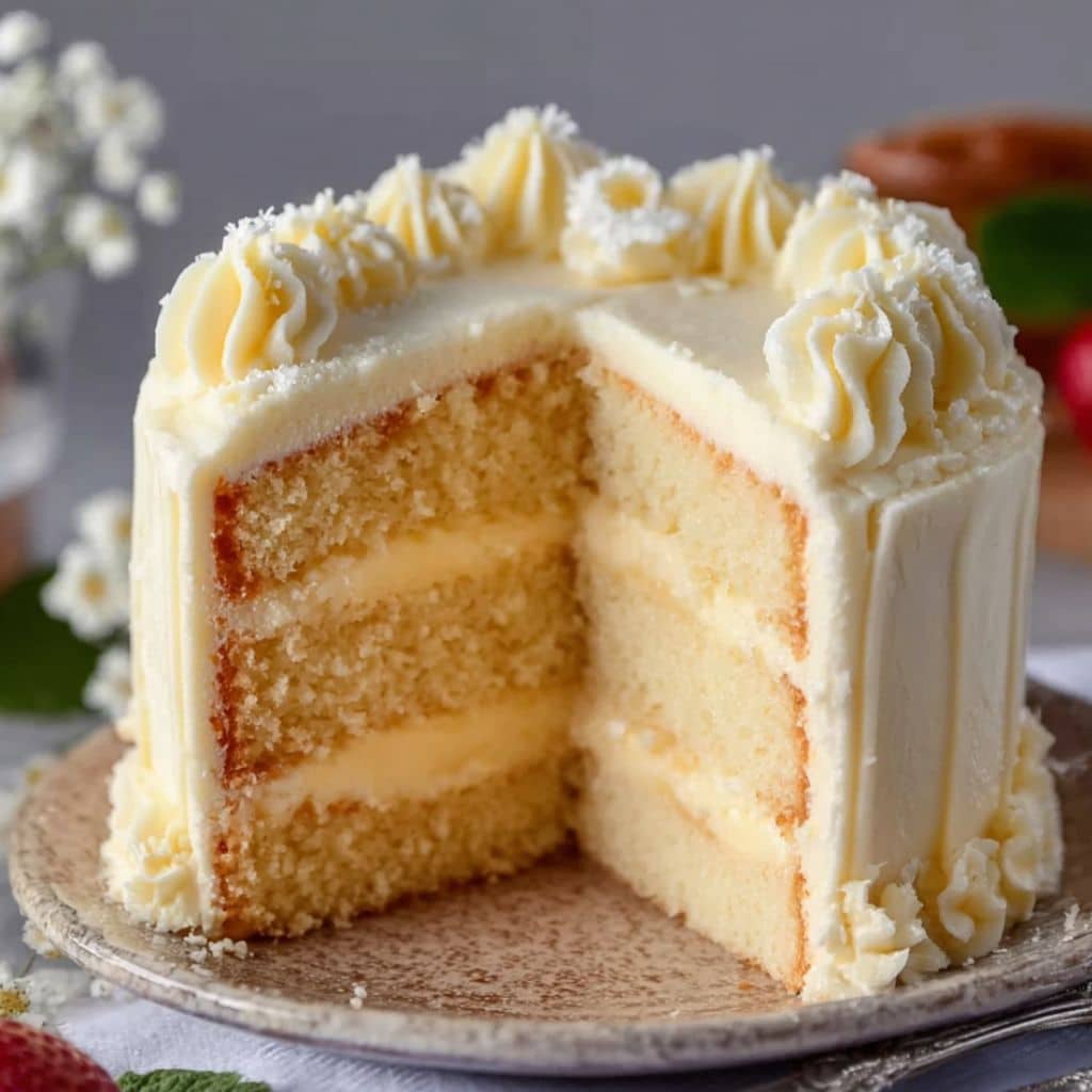Moist white chocolate velvet cake with buttercream and decorative piping
