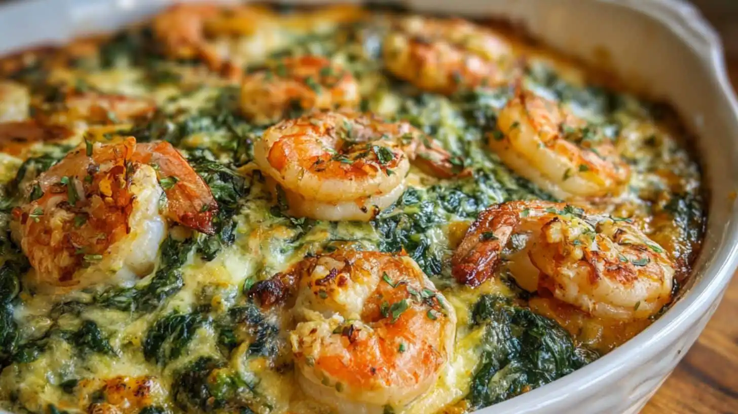 Shrimp and spinach casserole topped with golden roasted shrimp and melted cheese
