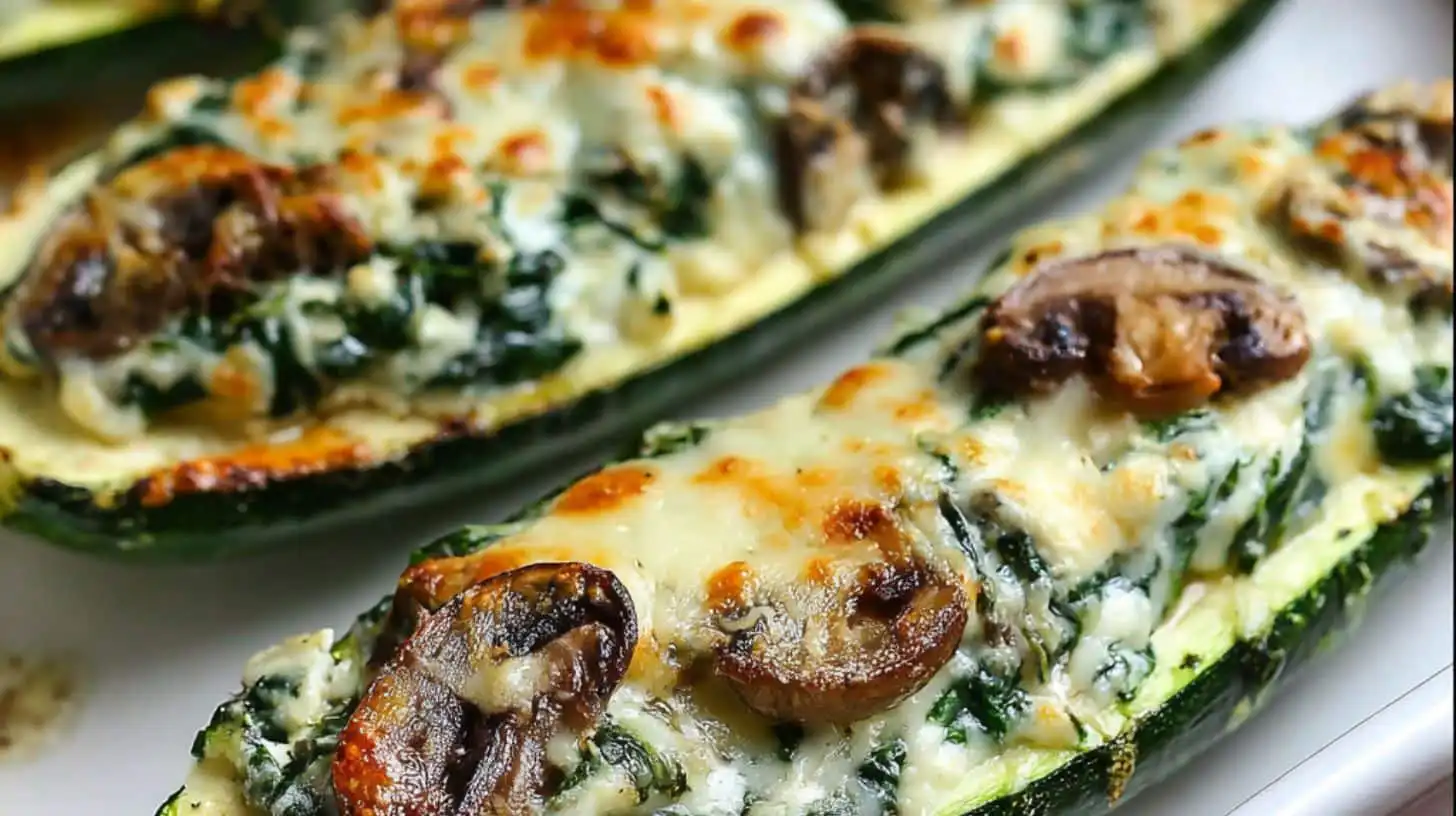 Zucchini boats stuffed with spinach, mushroom, and ricotta baked to golden perfection