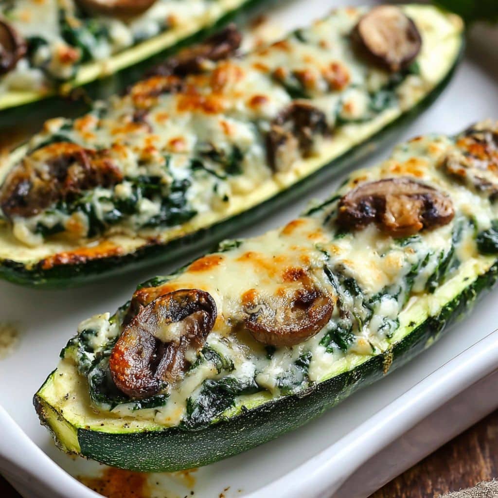 Close-up of zucchini boats filled with spinach, mushroom, and melted ricotta cheese