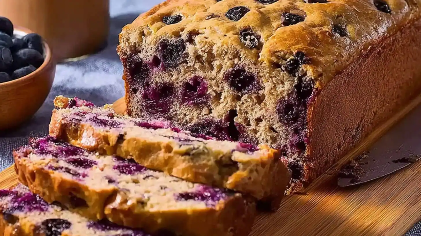 Sliced blueberry cottage cheese bread showing moist texture and juicy berries