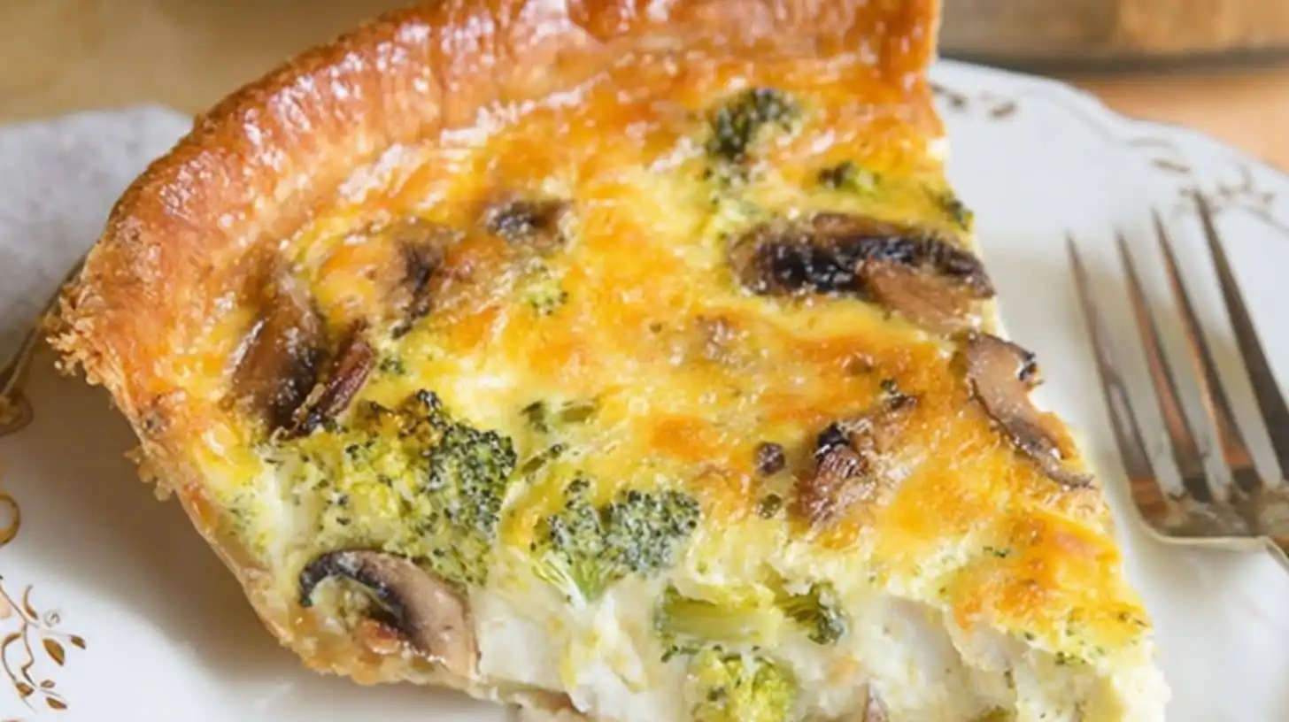 Slice of broccoli mushroom quiche with golden crust on plate
