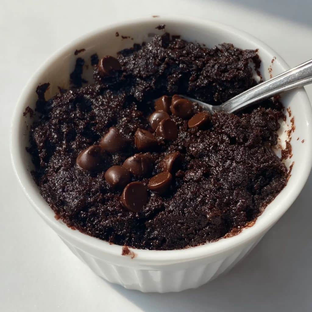 Cottage cheese microwave brownie in a white ramekin with a spoon and chocolate chips