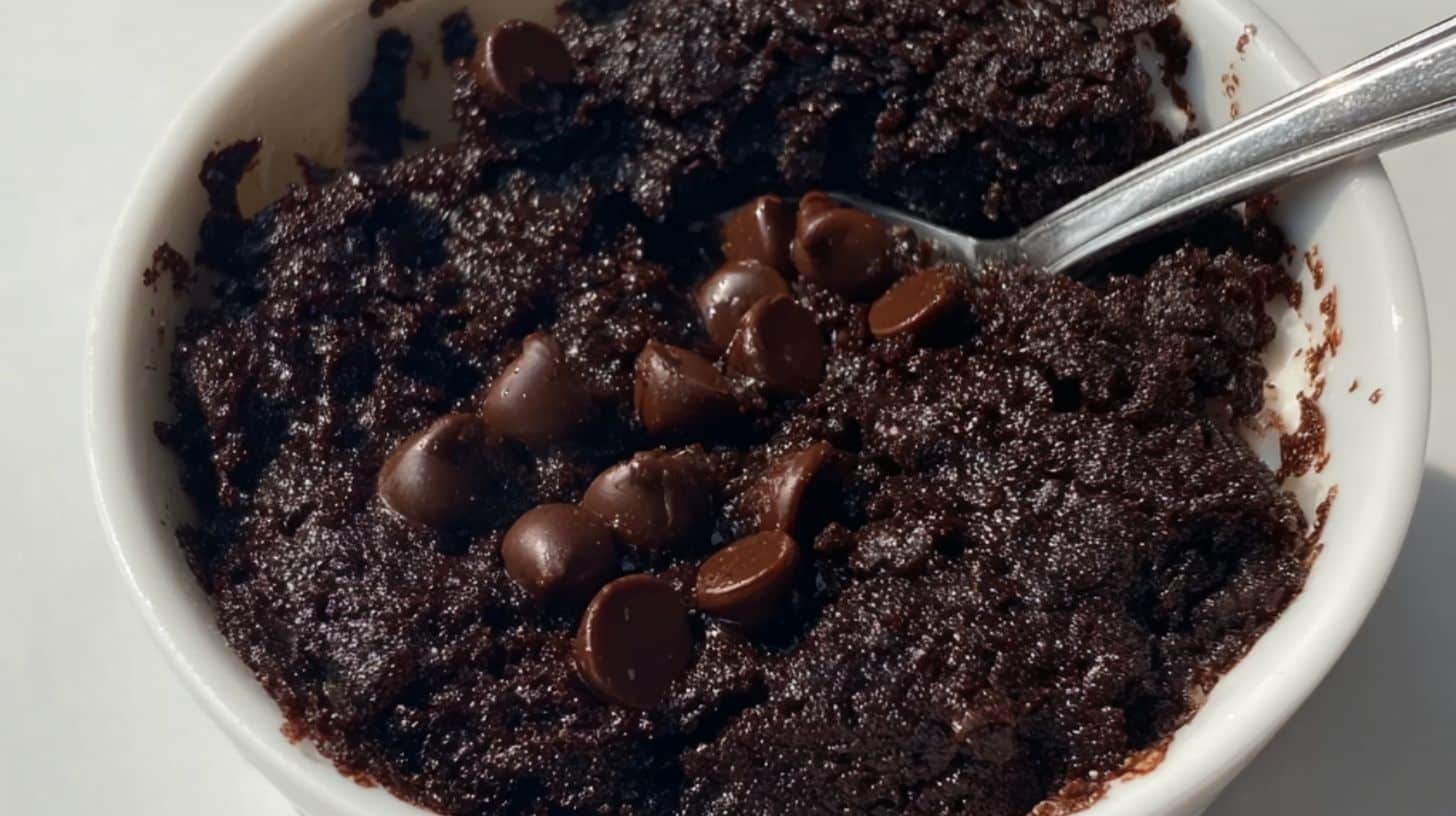 Cottage cheese microwave brownie in a white ramekin topped with chocolate chips