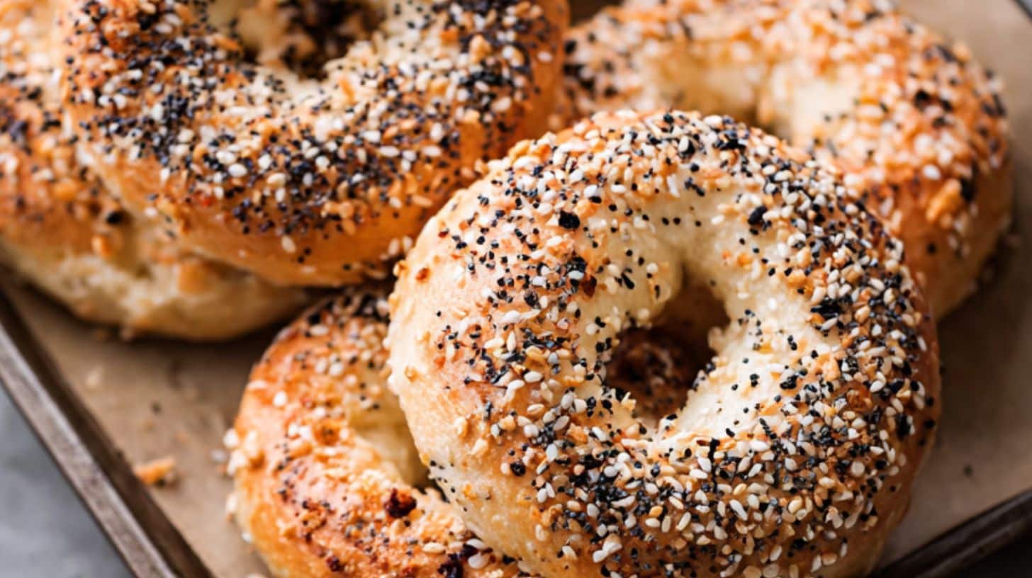 high protein bagel recipe with sesame and seasoning topping