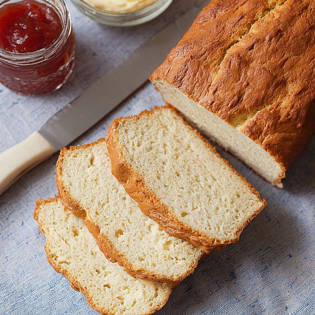 Sliced high protein bread with jam and butter on the side