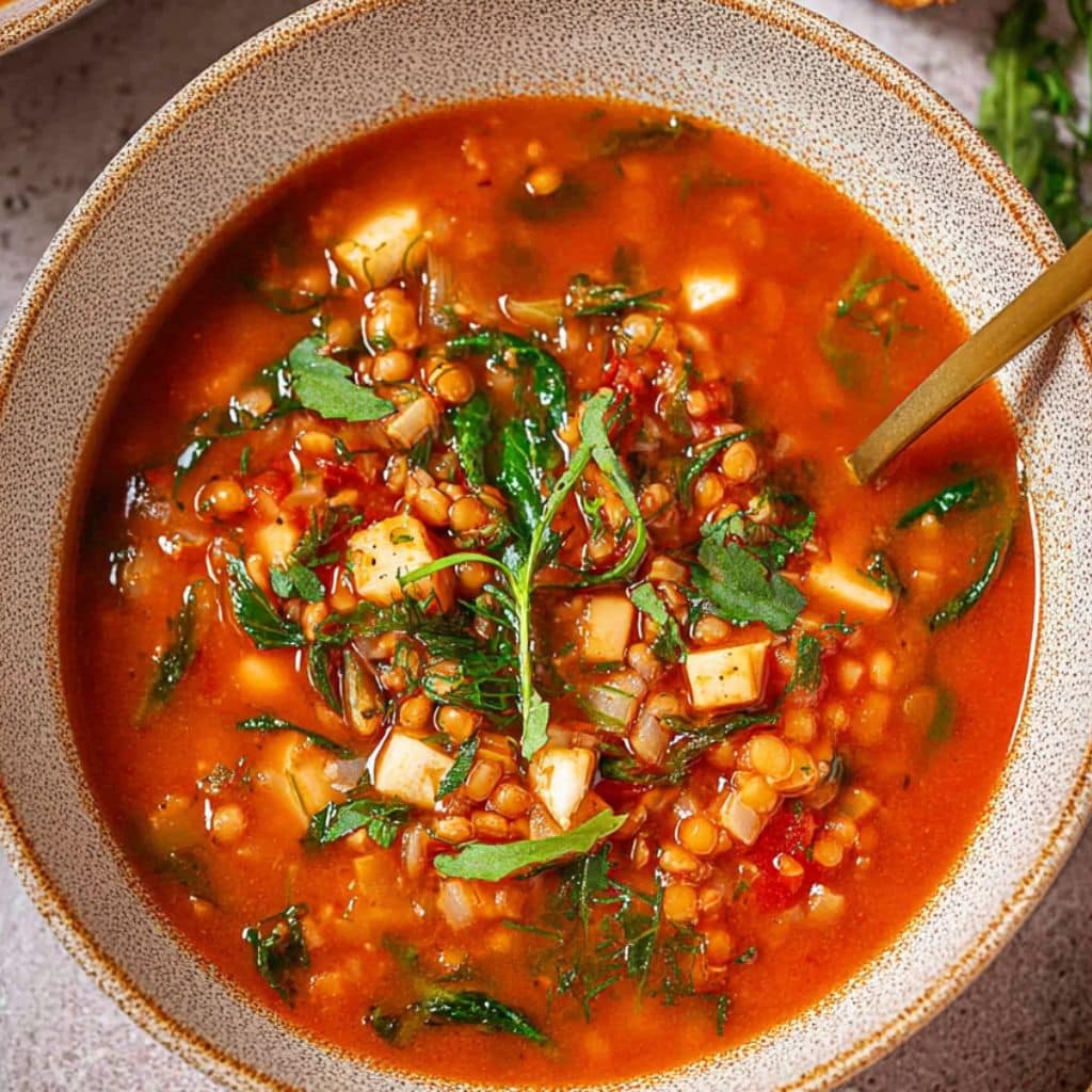 Bowl of high protein lentil soup with spinach and fresh herbs