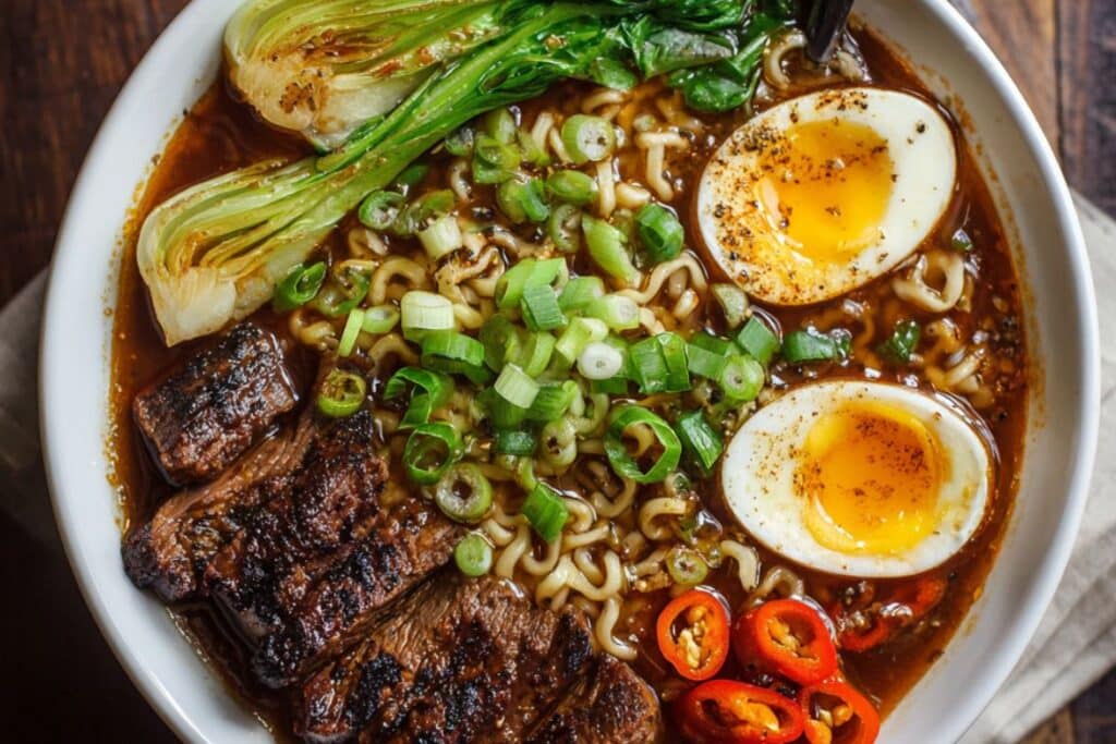 High protein ramen bowl with steak, bok choy, chili, and soft eggs