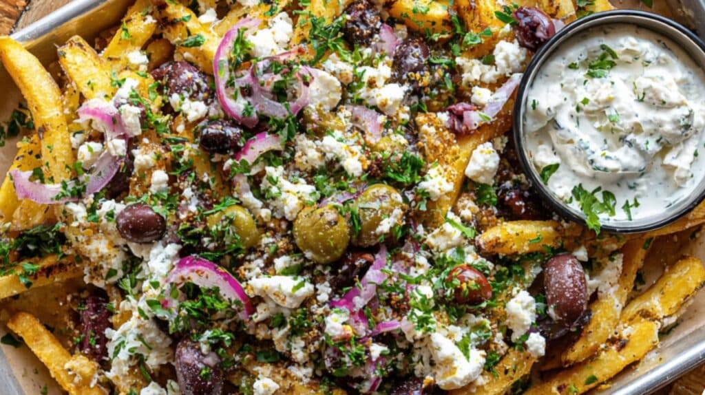 Close-up of loaded Greek fries with feta, olives, red onion, and creamy tzatziki