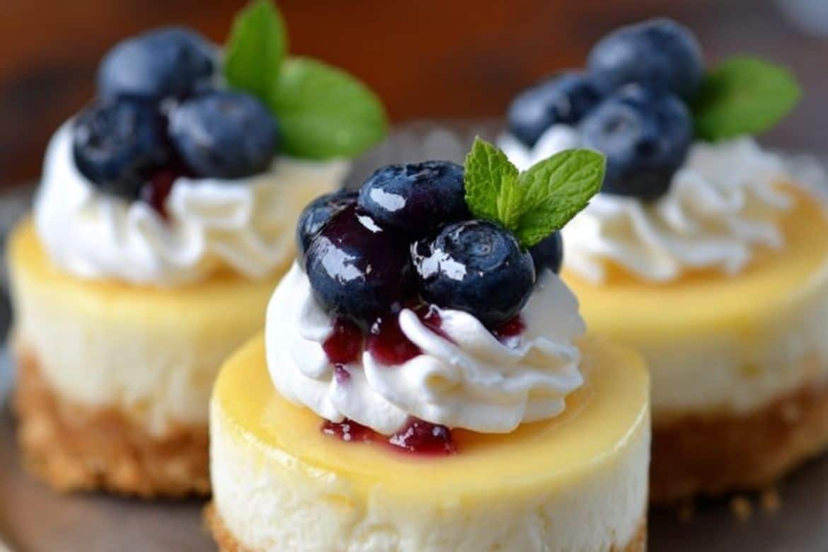 Philadelphia mini cheesecake topped with whipped cream, blueberries, and mint