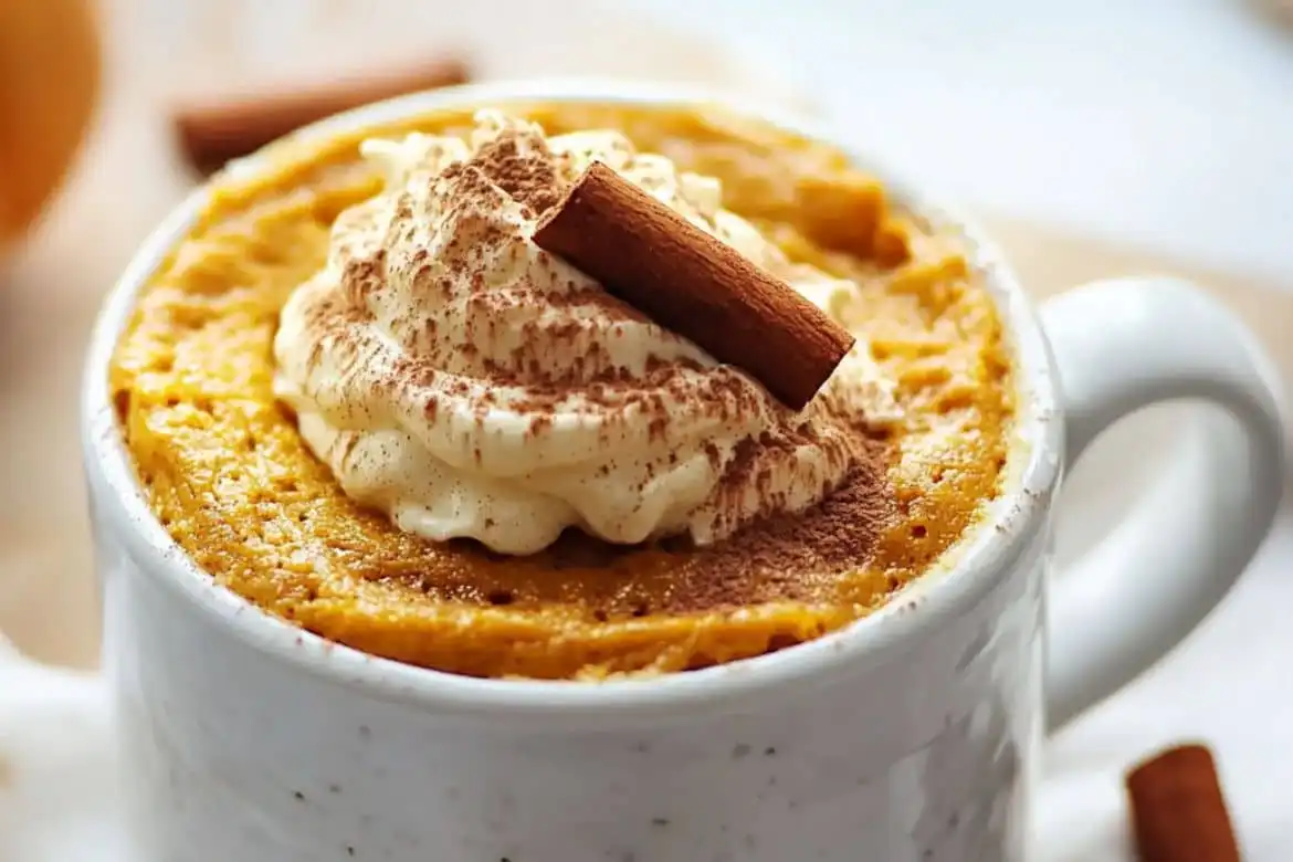 Pumpkin Cinnamon Cottage Cheese Mug Cake with whipped cream and cinnamon stick