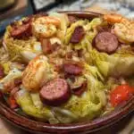 Overhead view of viral cabbage boil with sausage, shrimp, and bacon in a serving bowl