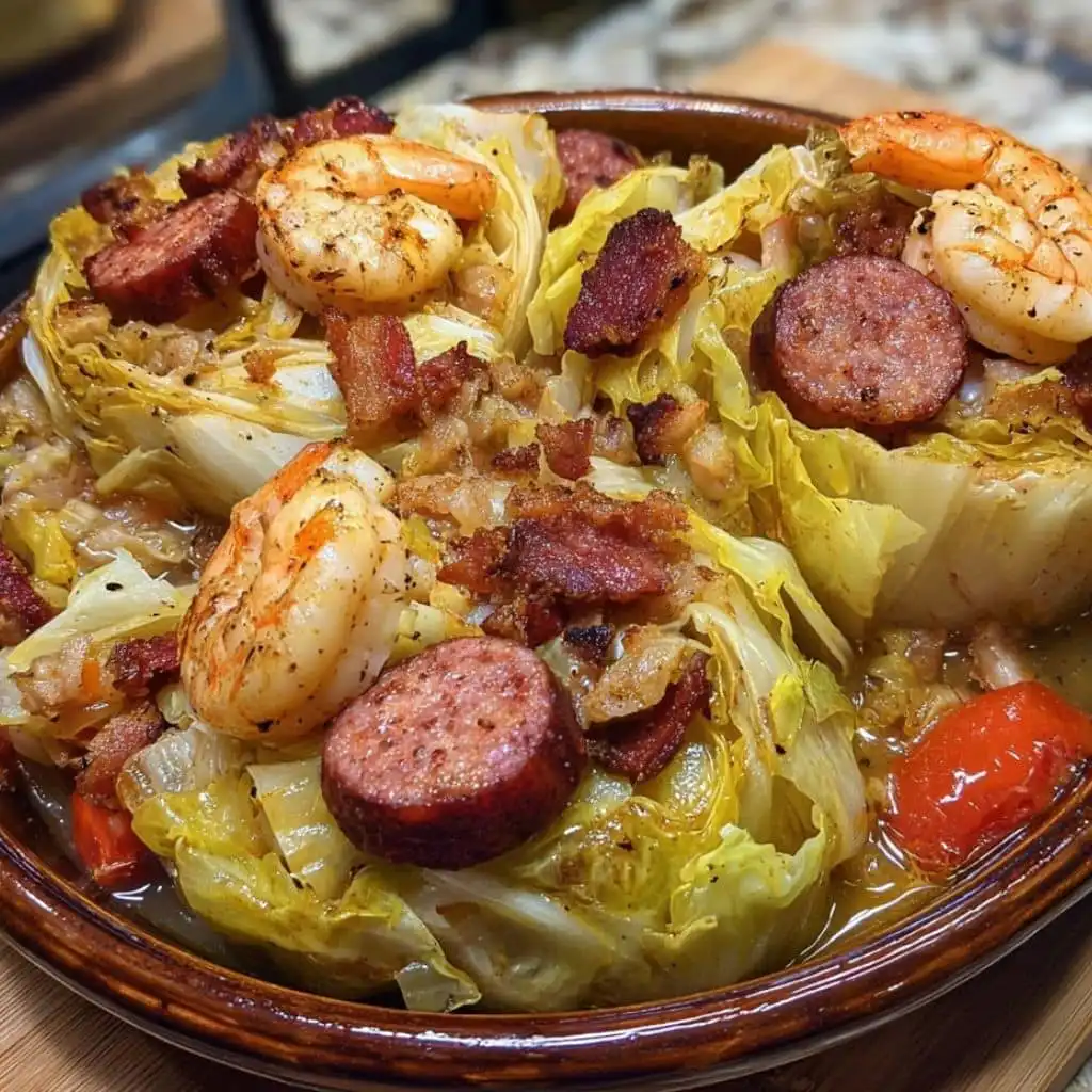 Overhead view of viral cabbage boil with sausage, shrimp, and bacon in a serving bowl